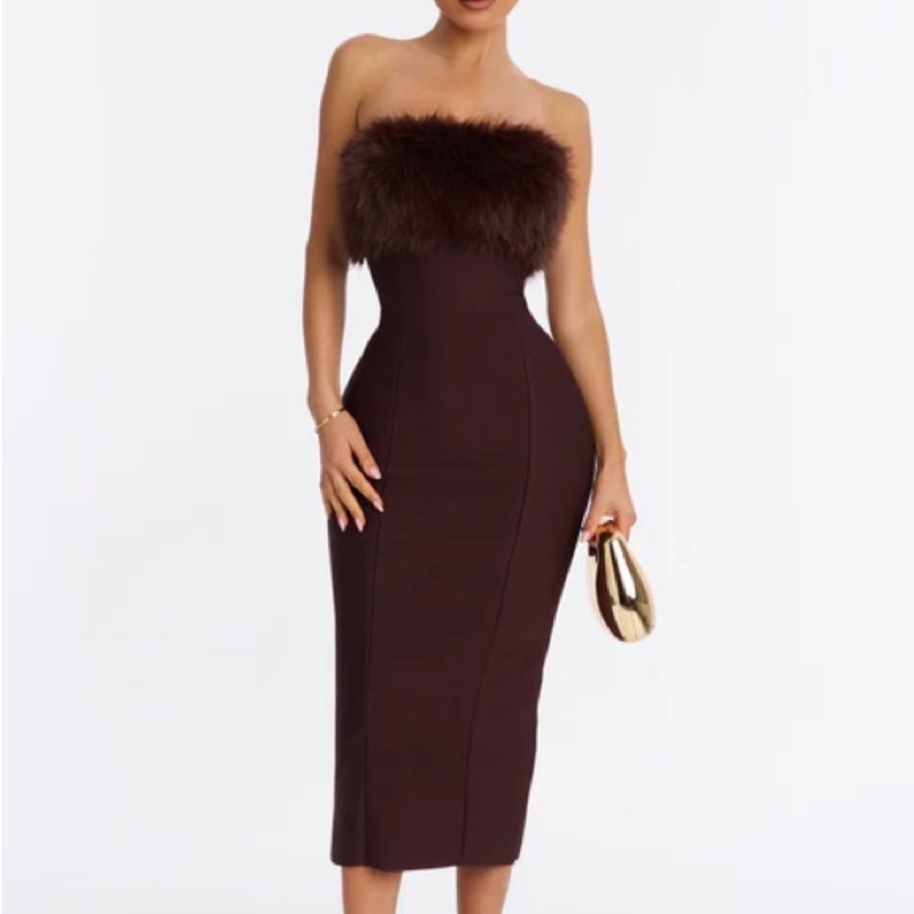 NEW Strapless Faux Fur Bandage Brown Dress